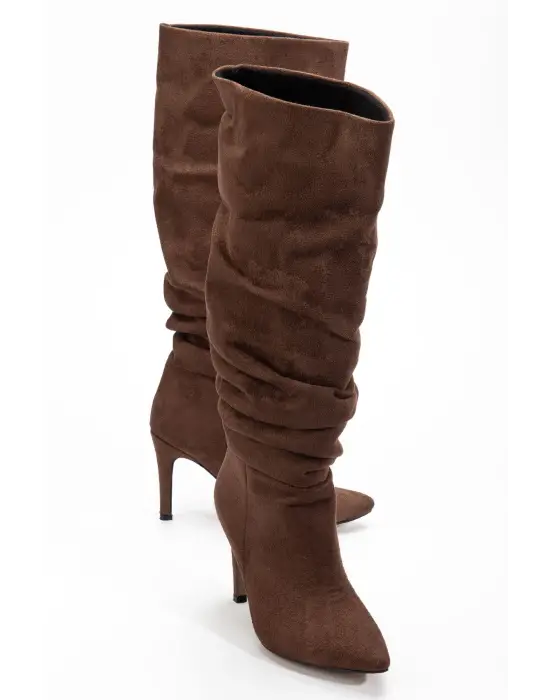 Syt-2003 Kahve Süet Körüklü İnce Topuklu Günlük Bayan Çizme