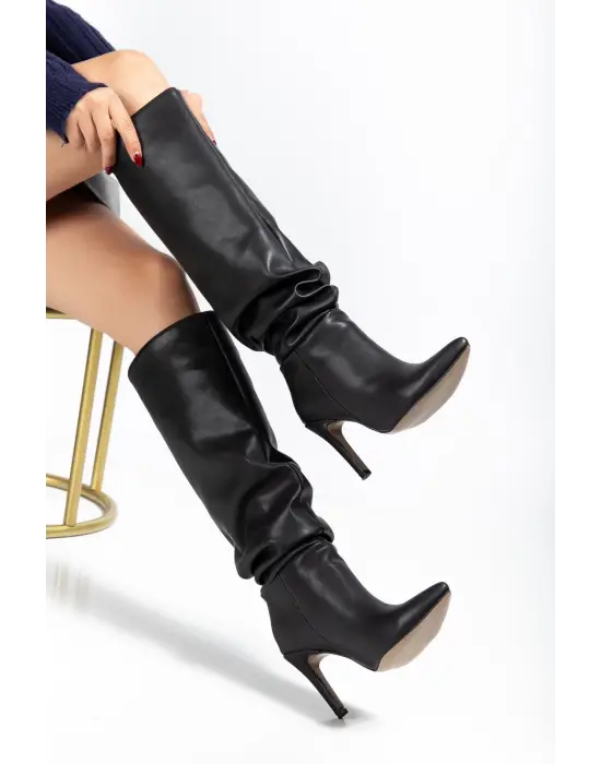Syt-2003  Siyah Körüklü İnce Topuklu Günlük Bayan Çizme