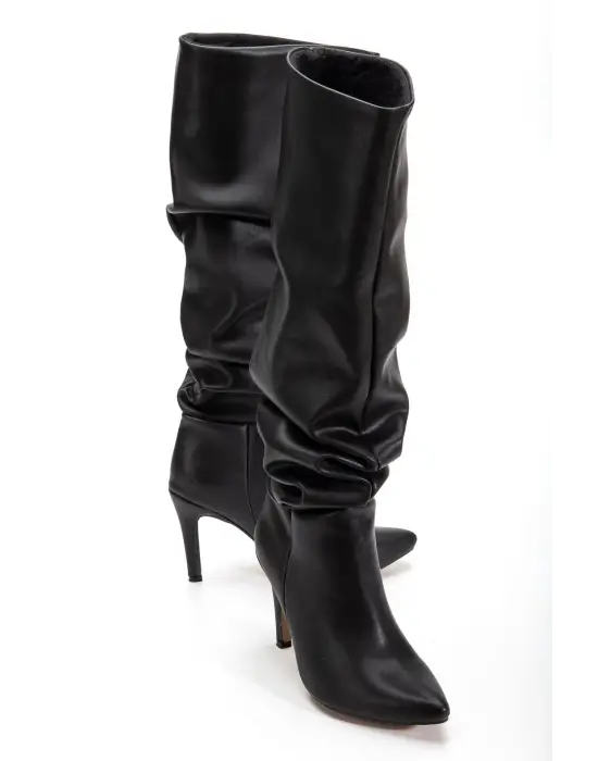 Syt-2003  Siyah Körüklü İnce Topuklu Günlük Bayan Çizme