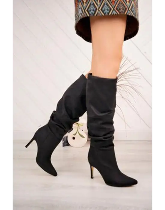 Syt-2003 Siyah Süet Körüklü İnce Topuklu Günlük Bayan Çizme