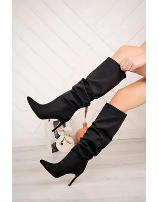 Syt-2003 Siyah Süet Körüklü İnce Topuklu Günlük Bayan Çizme