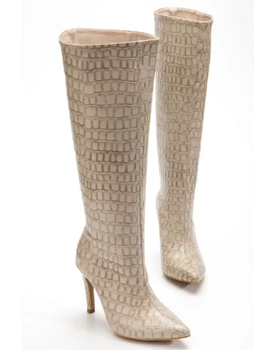 Syt-2004 Bej Kroko Günlük Bayan Çizme