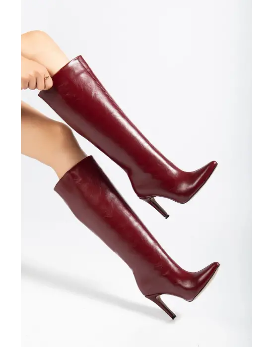 Syt-2004 Bordo Kırışık Rugan Günlük Bayan Çizme