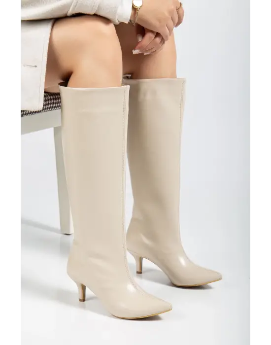 Syt-2025 Bej Kırışık Rugan Günlük Kadın Çizme