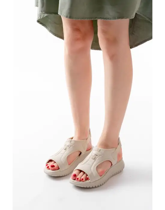 T-221 Bej  Spring Paraşüt Kumaş Lastikli Ortopedik Kadın Sandalet