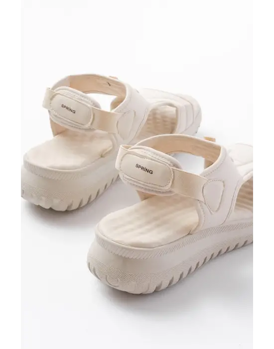 T-221 Bej  Spring Paraşüt Kumaş Lastikli Ortopedik Kadın Sandalet