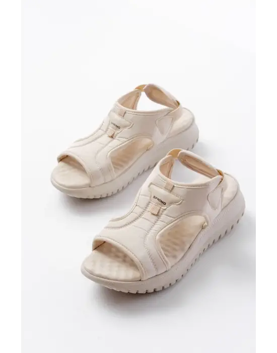 T-221 Bej  Spring Paraşüt Kumaş Lastikli Ortopedik Kadın Sandalet