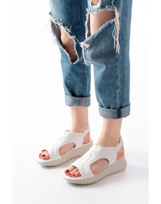 T-221 Beyaz  Spring Paraşüt Kumaş Lastikli Ortopedik Kadın Sandalet
