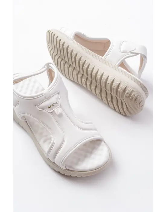 T-221 Beyaz  Spring Paraşüt Kumaş Lastikli Ortopedik Kadın Sandalet
