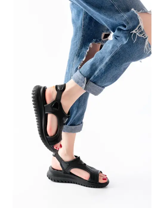 T-221 Siyah Spring Paraşüt Kumaş Lastikli Ortopedik Kadın Sandalet