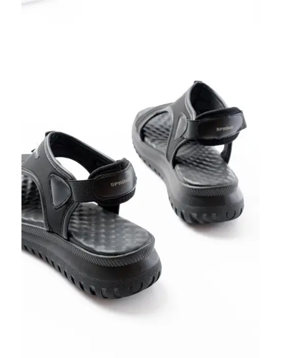 T-221 Siyah Spring Paraşüt Kumaş Lastikli Ortopedik Kadın Sandalet