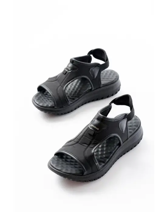 T-221 Siyah Spring Paraşüt Kumaş Lastikli Ortopedik Kadın Sandalet