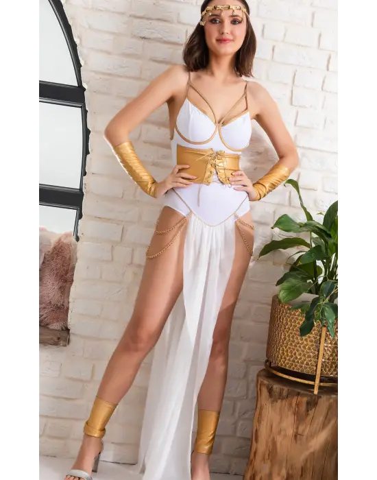 Tanrıça Temalı Beyaz Altın Seksi Fantazi İç Giyim Kostüm,zincir Detaylı, Transparan Şifon Etekli Set