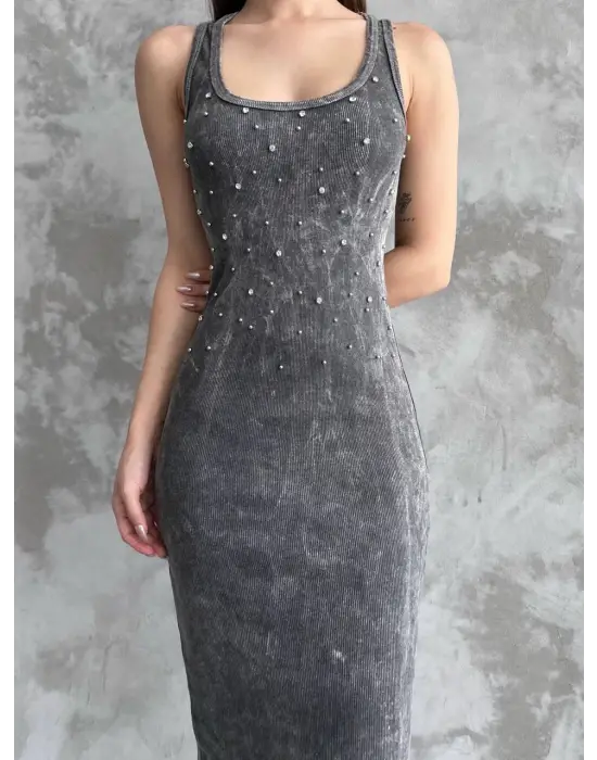 Taşlı Askılı Elbise