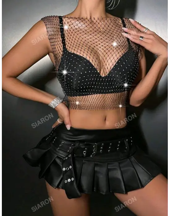 Taşlı File Crop – Kolsuz, Transparan, Parlak Gece Üstü