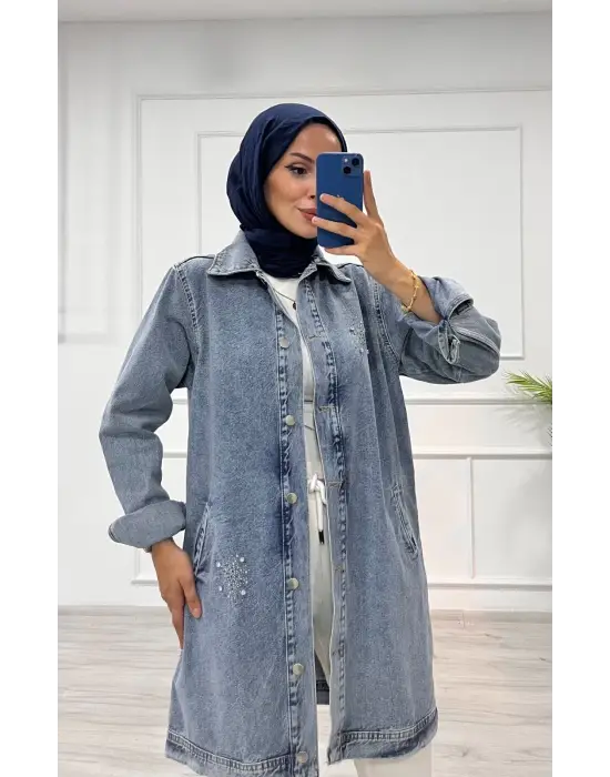 Taşlı Tunik Ceket Kar Yıkama Orta Mavi D2516