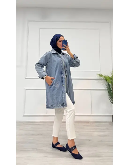Taşlı Tunik Ceket Kar Yıkama Orta Mavi D2516