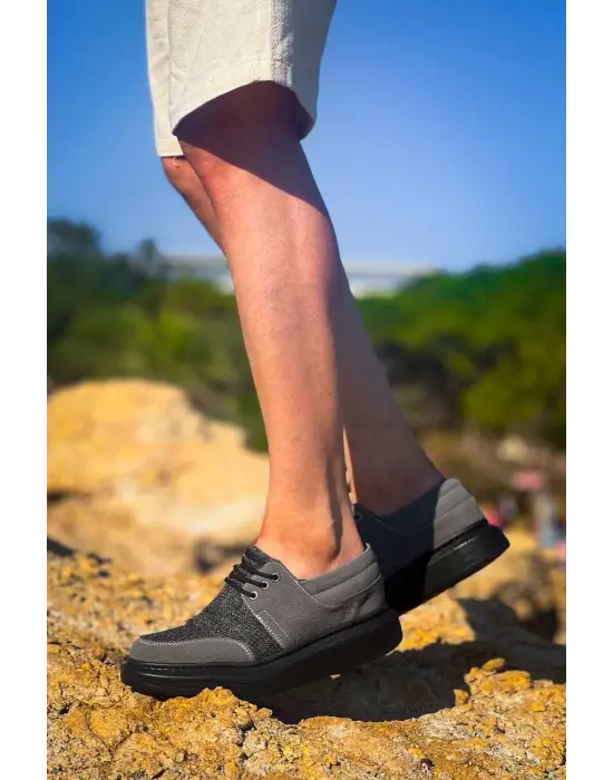 Tb-042  Terzi Bey Bağcıklı Gri Siyah Taban Günlük Erkek Ayakkabı