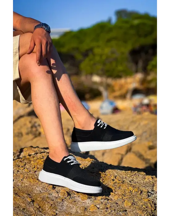 Tb-042  Terzi Bey Bağcıklı  Siyah Deri Tozu Beyaz Taban Günlük Erkek Ayakkabı