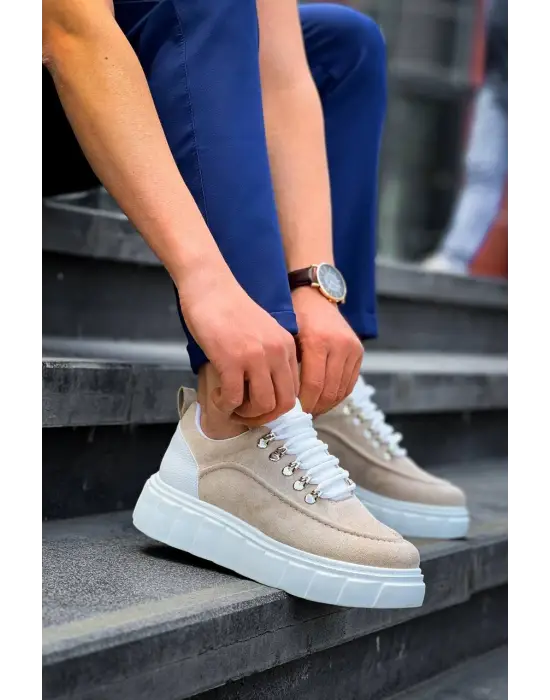 Tb-x10 Terzi Bey Bej Süet Beyaz Yüksek Taban Günlük Spor Ayakkabı