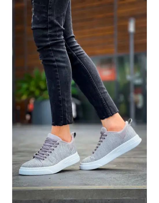 Tb-x204 Terzi Bey Gri Keten Beyaz Yüksek Taban Günlük Erkek Spor Ayakkabı