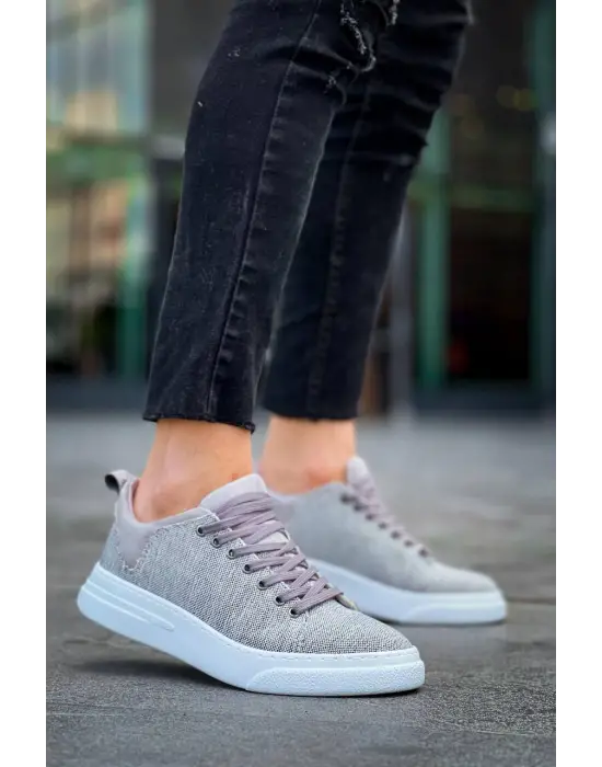 Tb-x204 Terzi Bey Gri Keten Beyaz Yüksek Taban Günlük Erkek Spor Ayakkabı