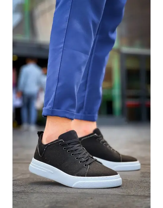 Tb-x204 Terzi Bey Siyah Keten Beyaz Yüksek Taban Günlük Erkek Spor Ayakkabı