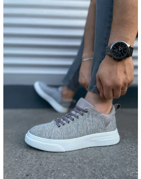 Tb204 Flex Bağcıklı Keten Kumaş Erkek Günlük Sneaker Ayakkabı Kbt - Gri