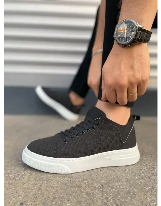 Tb204 Flex Bağcıklı Keten Kumaş Erkek Günlük Sneaker Ayakkabı Kbt - Siyah