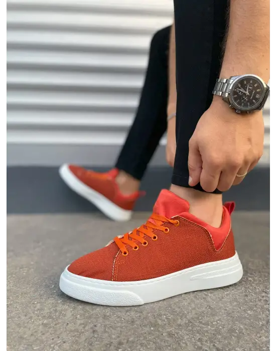 Tb204 Flex Bağcıklı Keten Kumaş Erkek Günlük Sneaker Ayakkabı Kbt - Turuncu