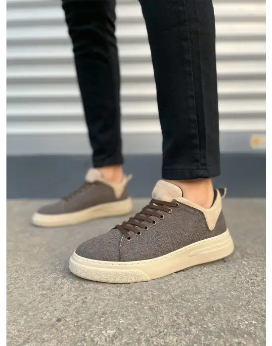 Tb204 Flex Bağcıklı Keten Kumaş Erkek Günlük Sneaker Ayakkabı Kkt - Kahverengi/krem