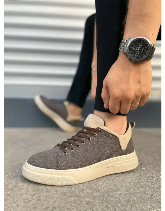 Tb204 Flex Bağcıklı Keten Kumaş Erkek Günlük Sneaker Ayakkabı Kkt - Kahverengi/krem