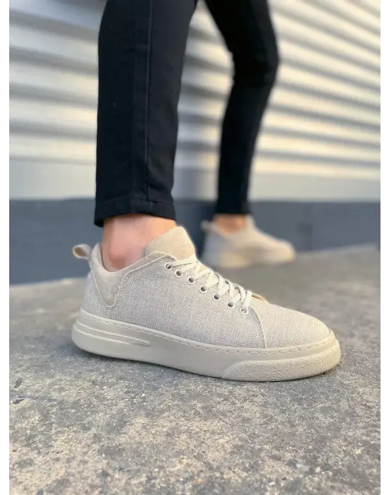 Tb204 Flex Bağcıklı Keten Kumaş Erkek Günlük Sneaker Ayakkabı Kkt - Krem