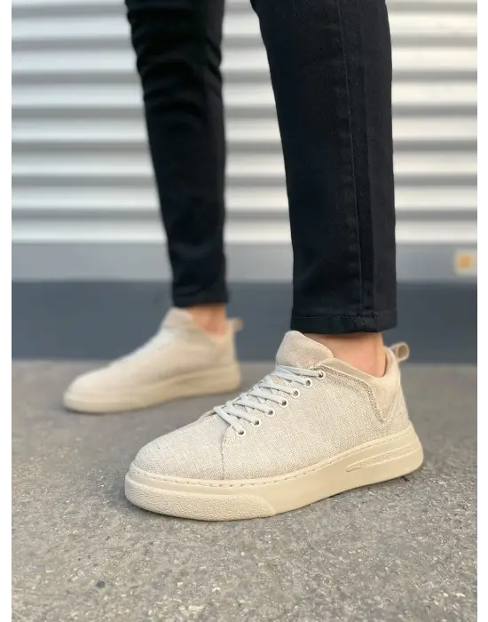 Tb204 Flex Bağcıklı Keten Kumaş Erkek Günlük Sneaker Ayakkabı Kkt - Krem