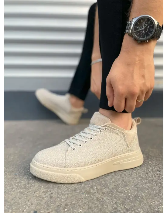 Tb204 Flex Bağcıklı Keten Kumaş Erkek Günlük Sneaker Ayakkabı Kkt - Krem