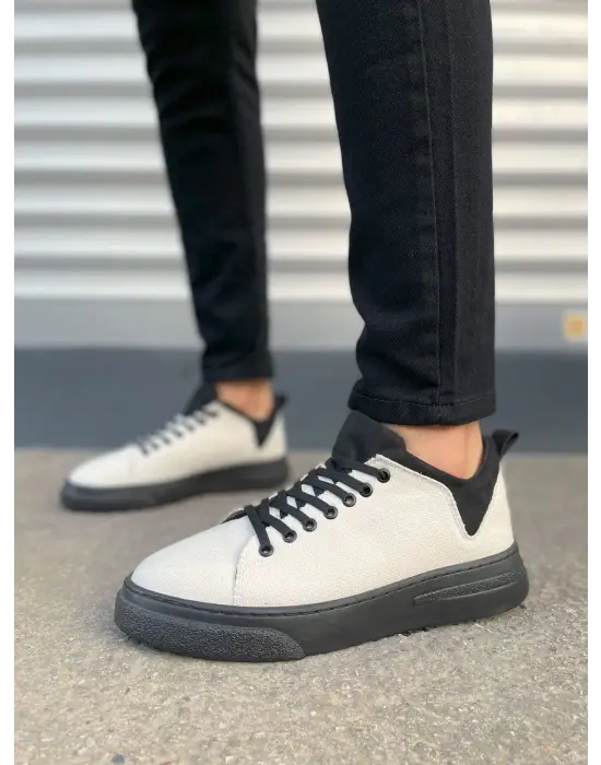 Tb204 Flex Bağcıklı Keten Kumaş Erkek Günlük Sneaker Ayakkabı Kst - Beyaz/siyah