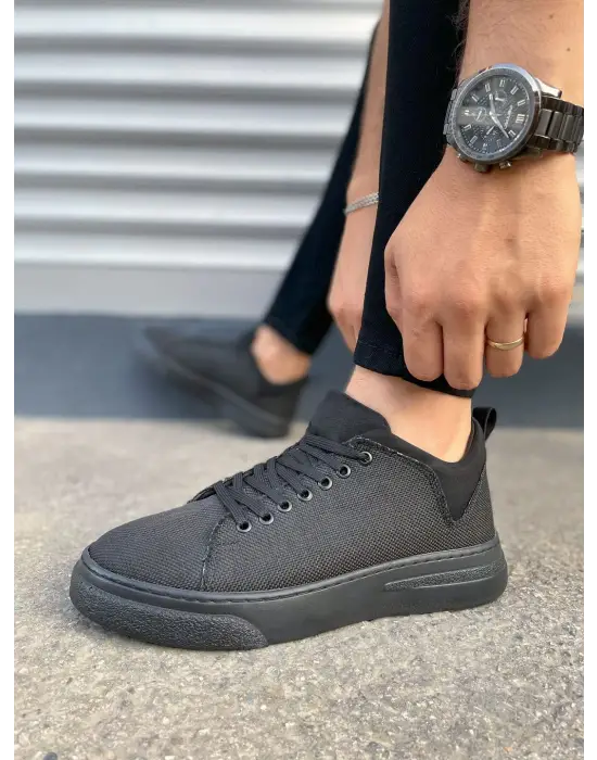 Tb204 Flex Bağcıklı Keten Kumaş Erkek Günlük Sneaker Ayakkabı Kst - Siyah