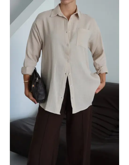 Tek Cepli Müslin Gömlek Bej Pt