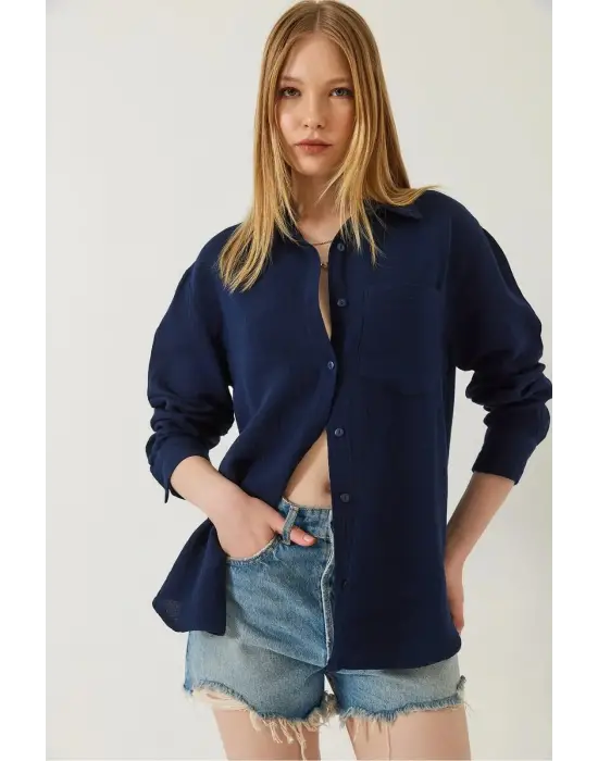 Tek Cepli Müslin Gömlek Lacivert Pt