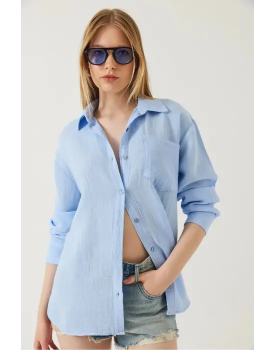 Tek Cepli Müslin Gömlek Mavi Pt