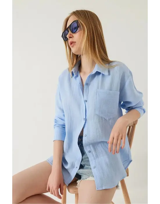 Tek Cepli Müslin Gömlek Mavi Pt