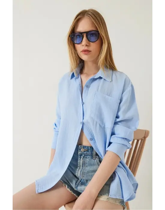 Tek Cepli Müslin Gömlek Mavi Pt