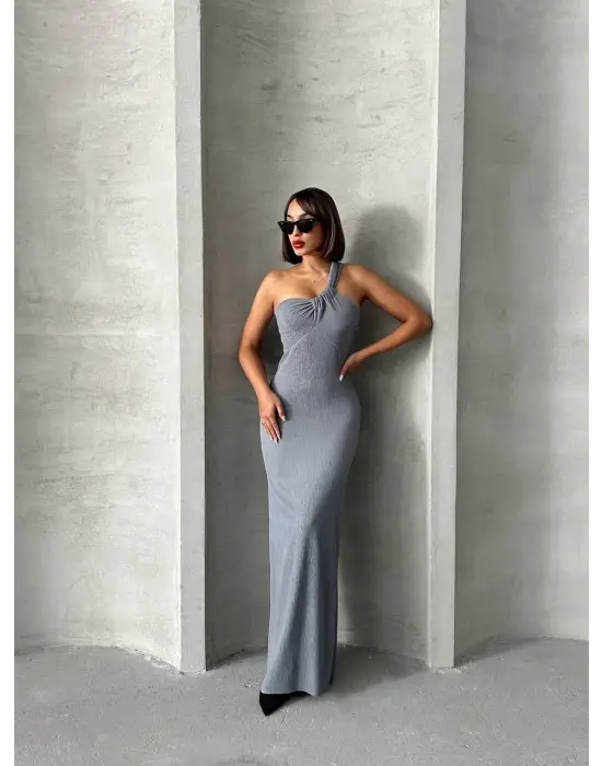 Tek Omuz Pliseli Elbise