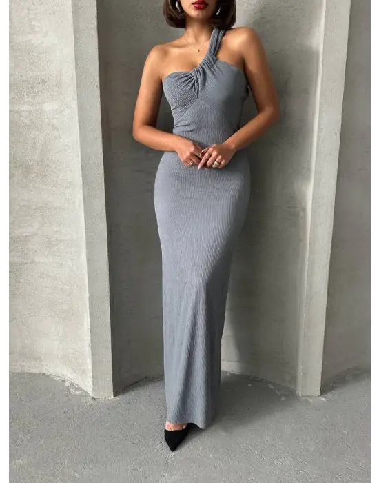 Tek Omuz Pliseli Elbise