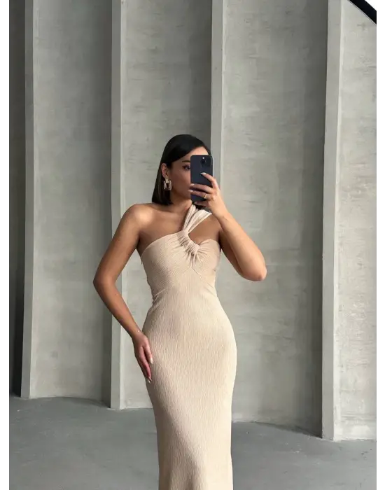 Tek Omuz Pliseli Elbise