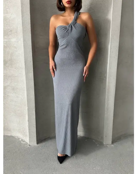 Tek Omuz Pliseli Elbise