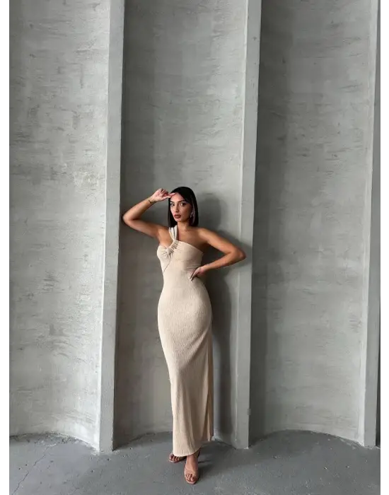 Tek Omuz Pliseli Elbise