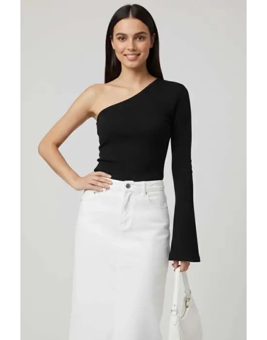 Tek Omuzlu Basic Bluz Siyah T4275
