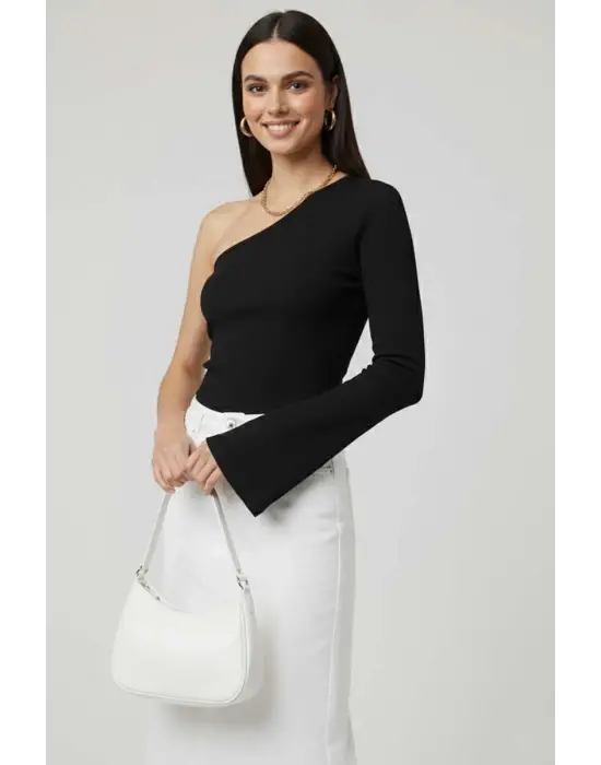 Tek Omuzlu Basic Bluz Siyah T4275