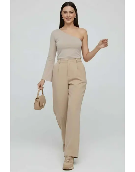 Tek Omuzlu Basic Bluz Vizon T4275